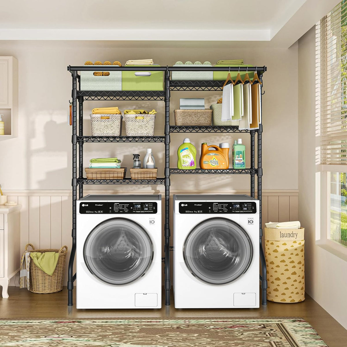 Ulif U13 Over Washer and Dryer Storage Shelves, 6 Tiers Laundry Room Standing Shelf with 2 Hanger Rods, Space Saver Clothes Drying Rack, 63.4" W x 22" D x 77.4" H, Black