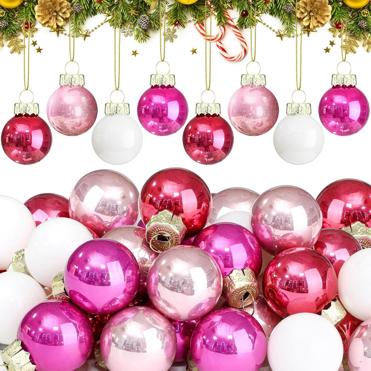 Tioncy 32 Pcs 1 Inch Mini Glass Christmas Ornaments Balls Shiny Christmas Balls Tiny Tree Hanging Decoration Small Colorful Ball Pendant for Xmas Party Supplies(Pink Series, White)