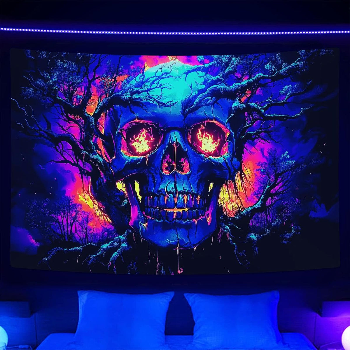 Xiaoput Blacklight Fire Skull Tapestry for Bedroom, Trippy UV Reactive Burning Skeleton Forest Wall Hanging Tapestries, Scary Dark Horror Glow in the Dark Tapestries for Living Room Home Dorm 60X51IN
