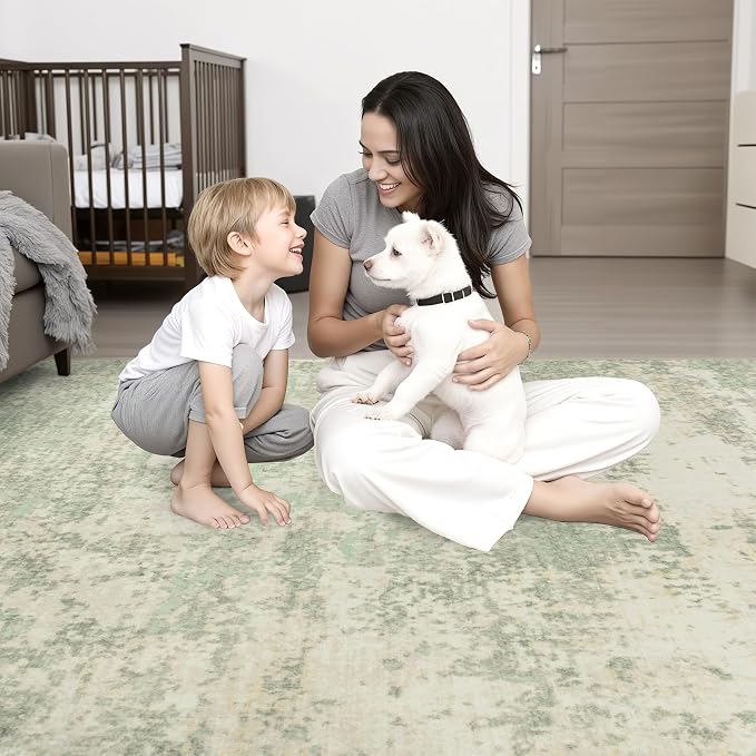 Area Rug Living Room: 4x4 Modern Washable Soft Carpet Green Cream | - Image 2