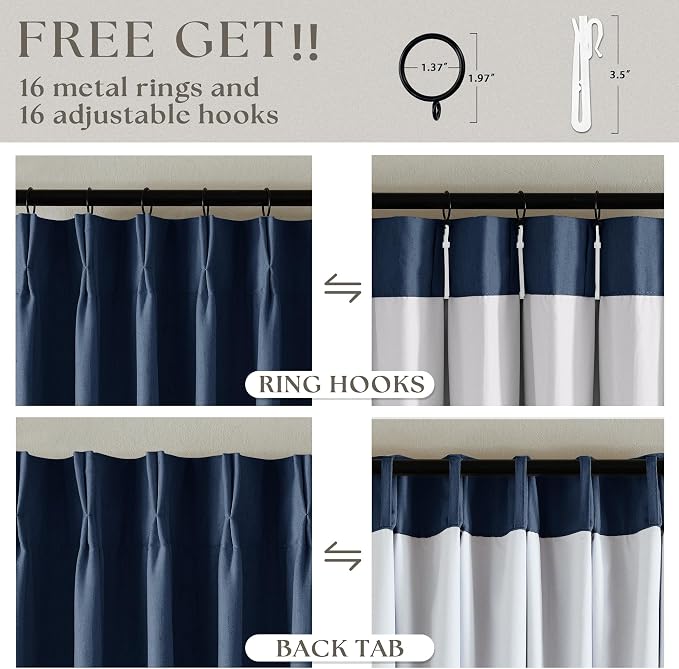 Navy Blue 100% Blackout Pinch Pleated Linen 63 Inch Curtains - Image 6