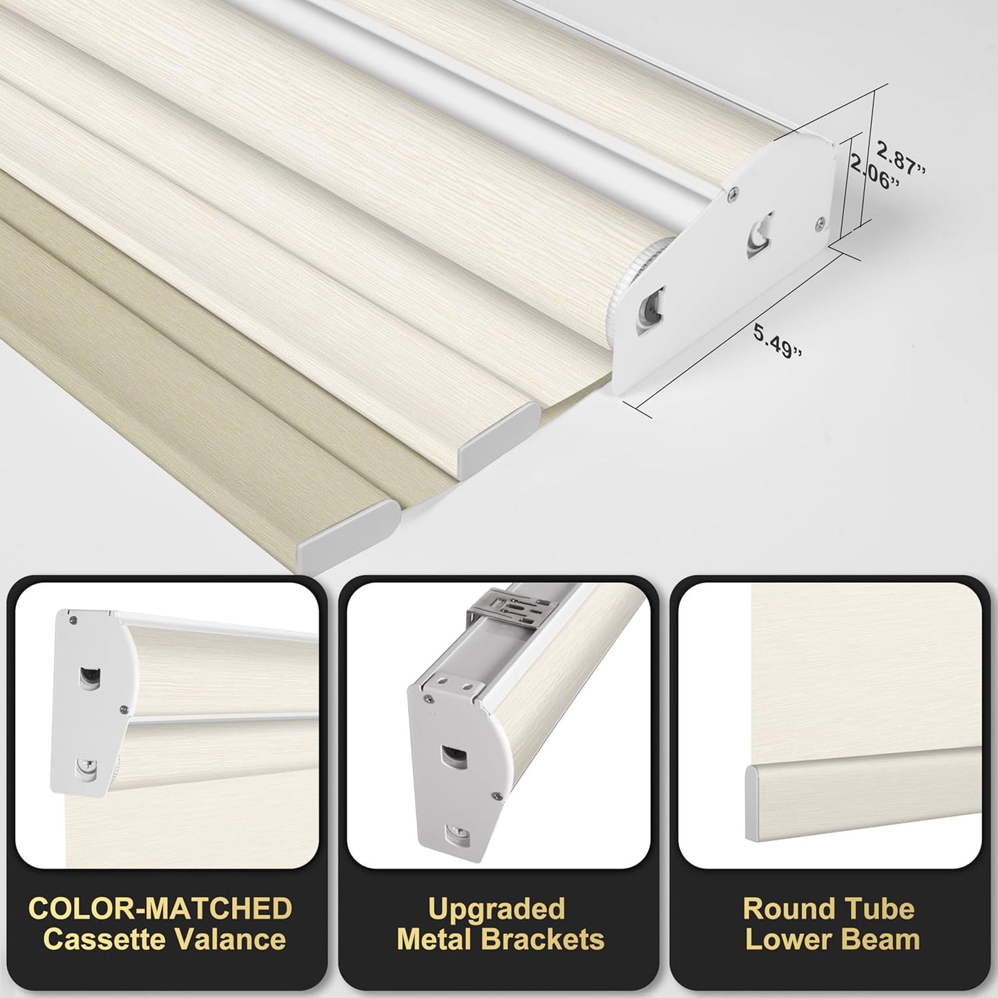 BERISSA Dual Roller Shades with Cassette Valance, Blackout and Light Filtering, Day and Night Shades for Home Office Door. Striped Jacquard Beige. 50 W x 64" H