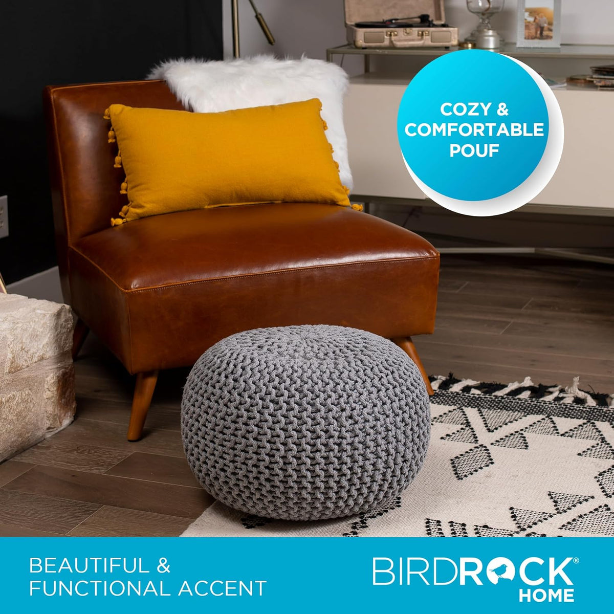 BIRDROCK HOME Round Pouf Ottoman | Cotton Braided Foot Stool with Bean Bag Filling | Boho Foot Rest for Living Room & Bedroom | Compact & Comfortable Seating, Lightweight & Soft | Light Grey