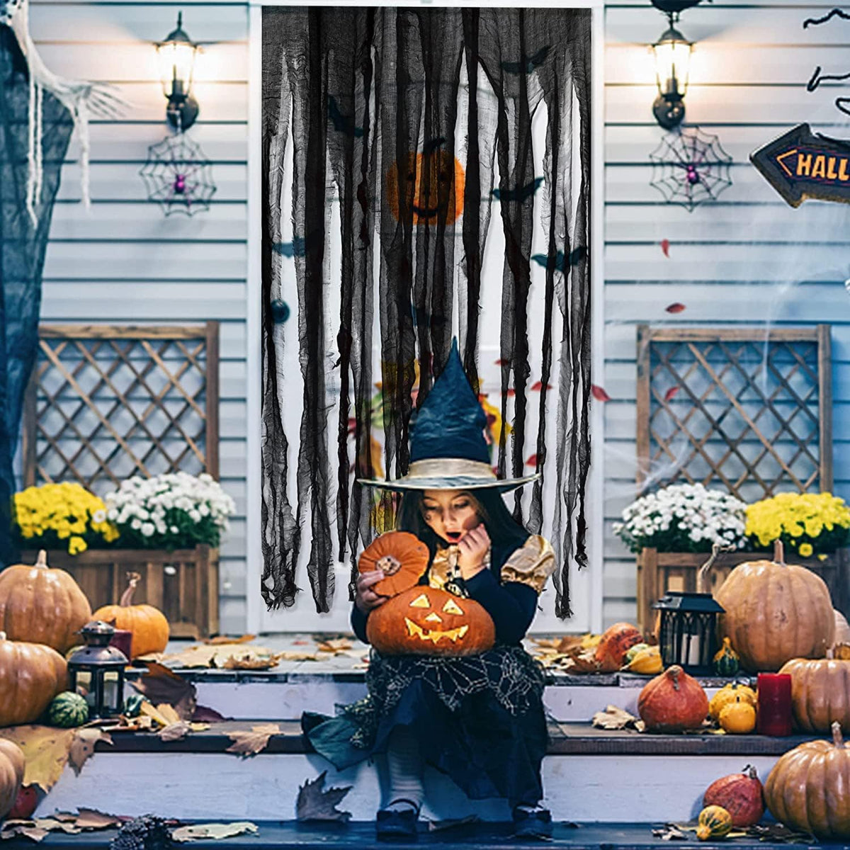 Sfcddtlg 4 Pcs Halloween Black Doorway Curtain- 65 x 39 Inch Creepy Door Curtain Decorations- Scary Spooky Cloth for Halloween Party Haunted House Decoration