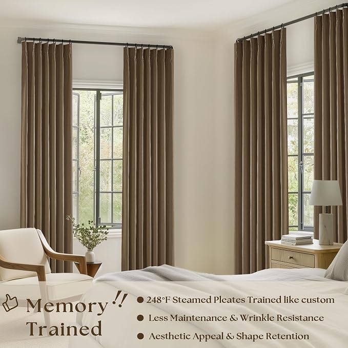 Dutch Cocoa Pinch Pleated 100% Blackout Linen Bedroom Curtains 96 Inch Long | - Image 2