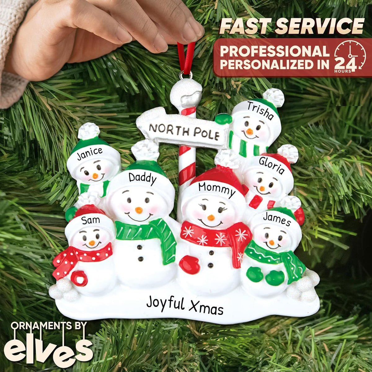 3D Frosty Snowman Family of 7 Christmas Ornament 2025 Personalized Family Christmas Ornaments 2025 | Winter Holiday Snowmen Personalized Tree Ornaments Customizable Gifts Snow People of Seven Ornament