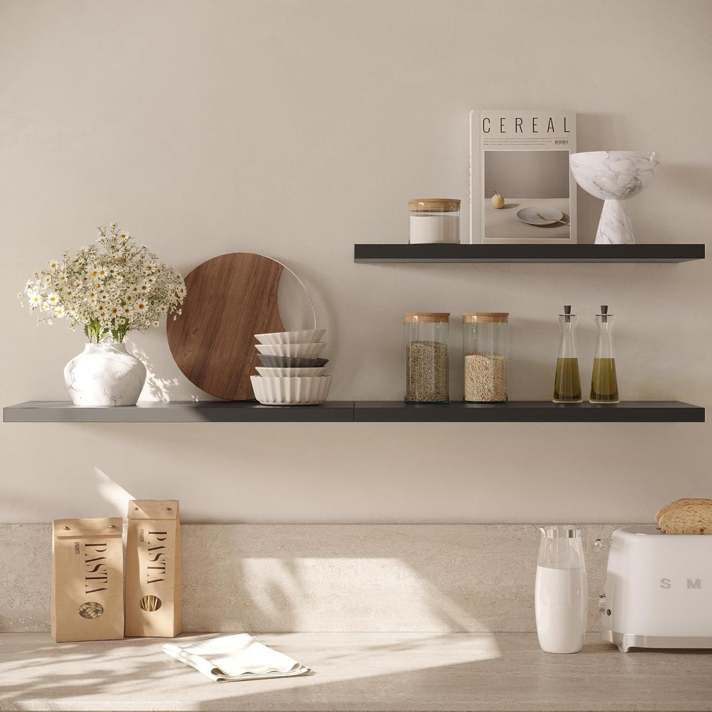 Wall Shelf Set of 2, Black Floating Shelves 24 in W x 10 in D x 1 in H, Wooden Floating Wall Shelf with Invisible Brackets for Living Room/Bedroom/Bathroom/Kitchen Storage and Decor