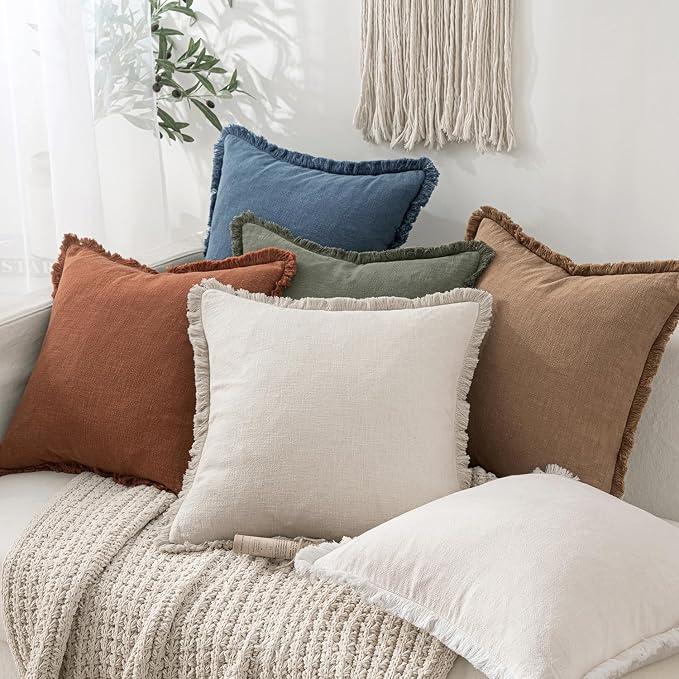 MIULEE Linen Fringe Decorative Euro Throw Pillow Covers Blue Ashes 26x26 | Set - Image 5