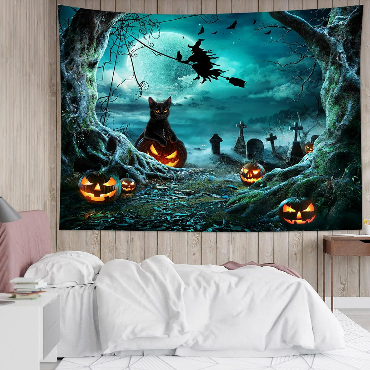 LB Halloween Tapestry Pumpkins Black Cat Dead Tree in Spooky Graveyard Full Moon Night with Witch Halloween Wall Hanging for Bedroom Living Room Dorm Decor 92.5x70.9 Inch