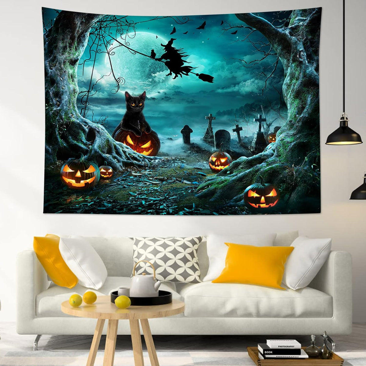 LB Teal Halloween Witch Tapestry Horror Black Cat Dead Tree in Graveyard Full Moon Night Tapestry Wall Art Spooky Pumpkin Wall Decor for Bedroom Living Room Dorm Holiday Party Decor 60x40 Inch