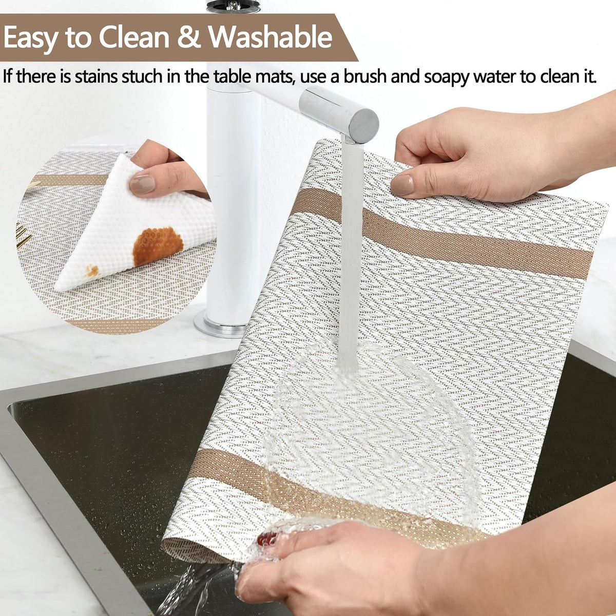 Beige White Placemats Set of 6 - Easy Clean Modern Durable Washable Vinyl Place Mats - Heat Resistant Placemats for Kitchen Table - PVC Table Mats for Dining Table (Beige White with Stripes, 6)