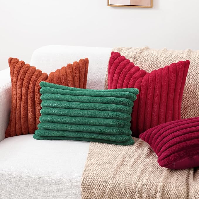 decorUhome Fall Faux Fur Throw Pillow Covers 12x20 Set of 2 Christmas Green | - Image 7