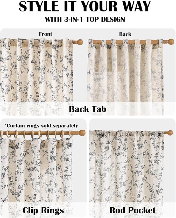 Extra Long Black Vintage Floral Linen Curtains Farmhouse 2 Panels | Elisa Series - Image 6