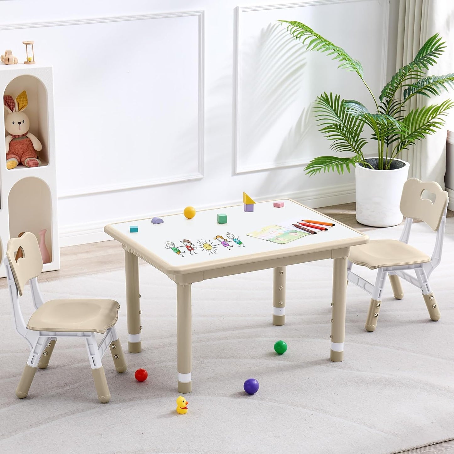Kids Table and 2 Chairs Set, Height Adjustable (17.7"-26.1") Toddler Table and Chair Set, Multi-Activity Table with Graffiti Desktop, Children’s Table and Chairs for Classroom, Home & Daycare