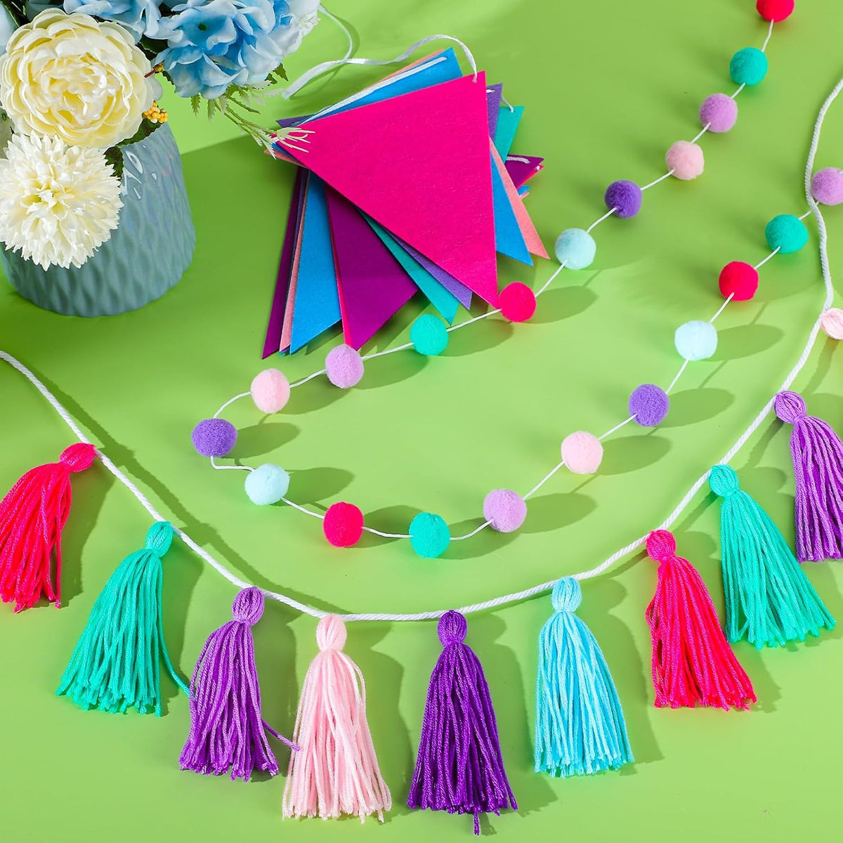 Irenare 9.8 ft Pom Pom Garland Felt Colorful Tassel Banner Christmas Party Pompoms Garland Decorations Felt Pennant Banner for Classroom Home Mantel Fireplace Birthday(Mermaid Colors)