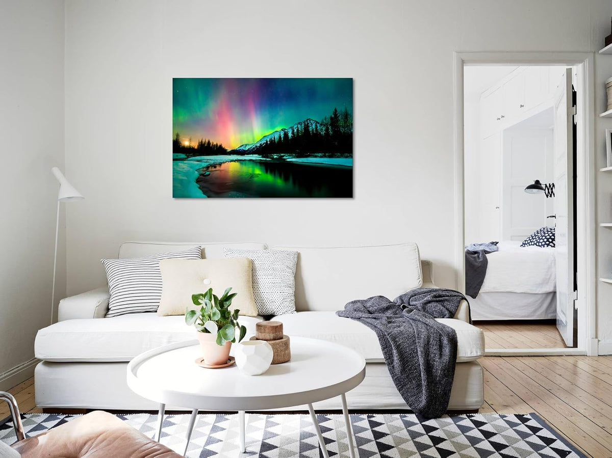 Aurora Borealis Canvas Wall Art Northern Lights Canvas Print Painting for Living Room Snowy-Mountains-Landscape Poster Picture Wooden Framed Prints Ready to Hang (24.00"x36.00")