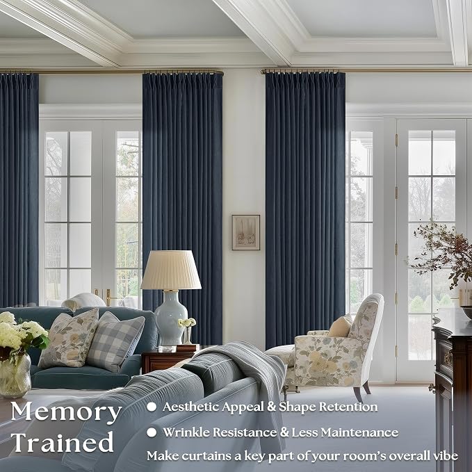 Navy Blue Linen Pinch Pleated Curtains 96 Inches Long 2 Panels | Semi Sheer - Image 2