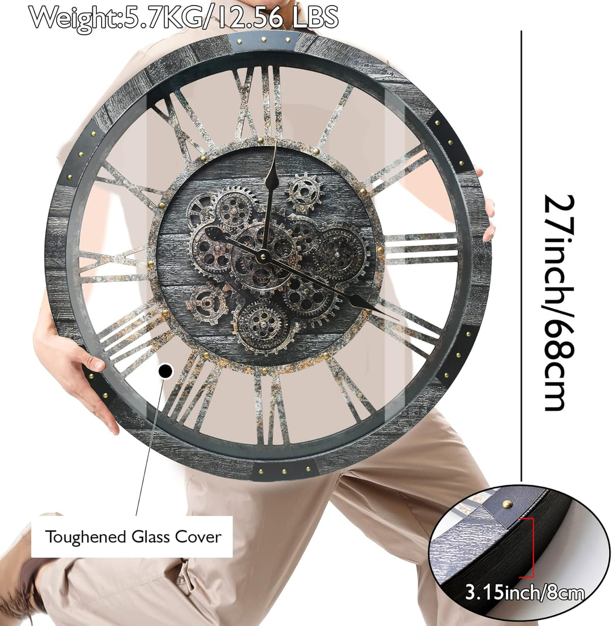 DORBOKER 27" Real Moving Gears Large Wall Clock with Toughened Glass Cover, Giant Wood Farmhouse Clock, Oversized Vintage Industrial Rustic Clock for Living Room Decor Home Kitchen (Carbon Grey)