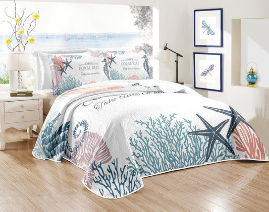 Coastal Bedding King Size 2 Shams, Nautical Beach Comforter Sets Ocean Bedspreads Coastal Coverlet Summer Bedding, 96''x106''