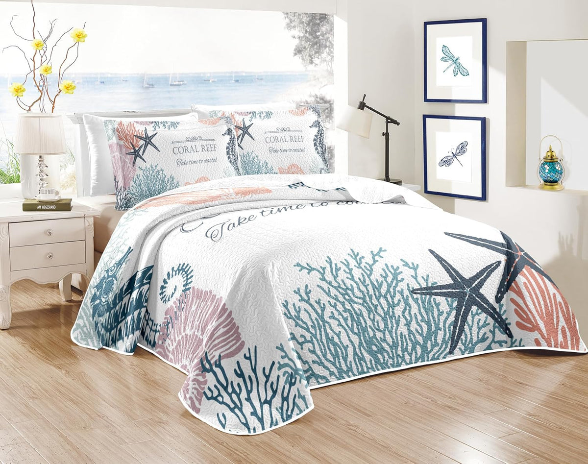 Coastal Bedding Queen Size with 2 Shams, Nautical Beach Comforter Sets Ocean Bedspreads Coastal Coverlet Summer Bedding, 90''x96''