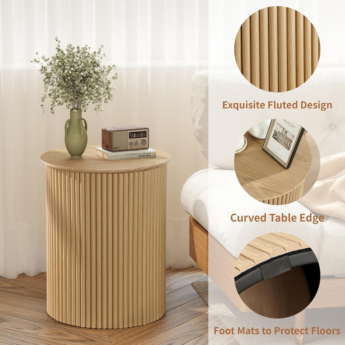 AVZEAR Fluted Round Side Table, Small End Table Modern Boho Nightstands, Circle Bedside Tables Bohemian Accent Table Wood Night Stand for Small Spaces, Living Room, Bedroom(Natural)