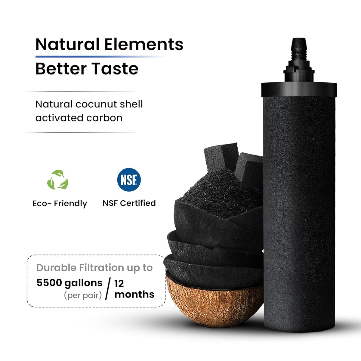 2.25 Gallons NSF Certified AISI 304 Stainless Steel Water Filter with 2 Smart Carbon (Black) Filters, 2 POSTreat Steel Fluoride Removal Elements & Free Stainless Steel Spigot