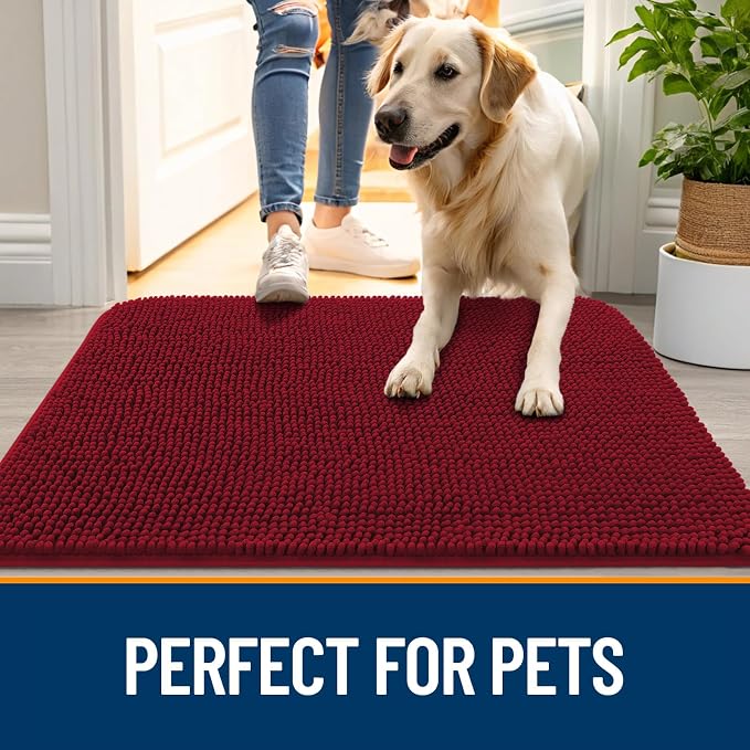 OLANLY Dog Door Mat for Muddy Paws 32x20, Super Absorbent Chenille Mud Mat | Red - Image 6