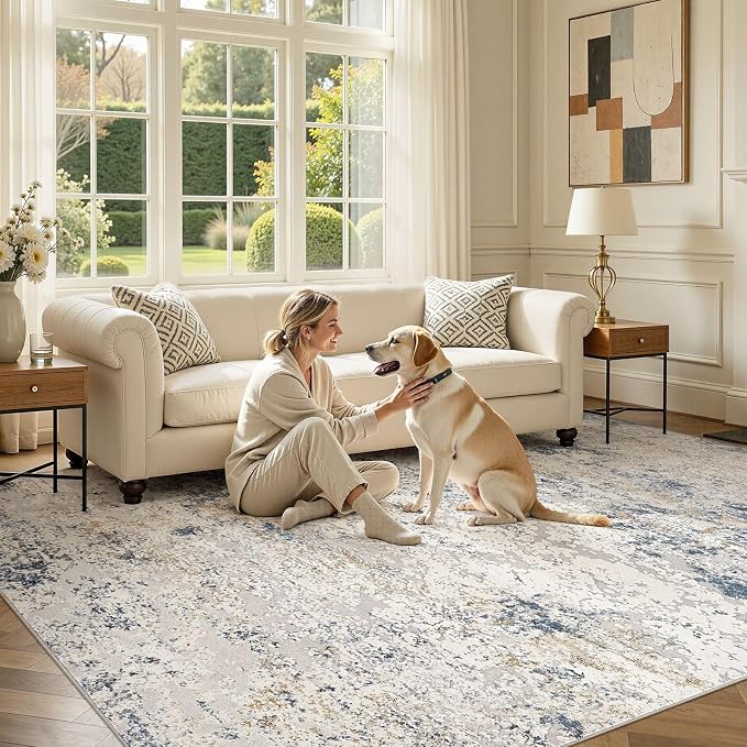 DMOYEST Area Rug Living Room Rugs 9x12 Washable Abstract Beige Blue Carpet | - Image 5