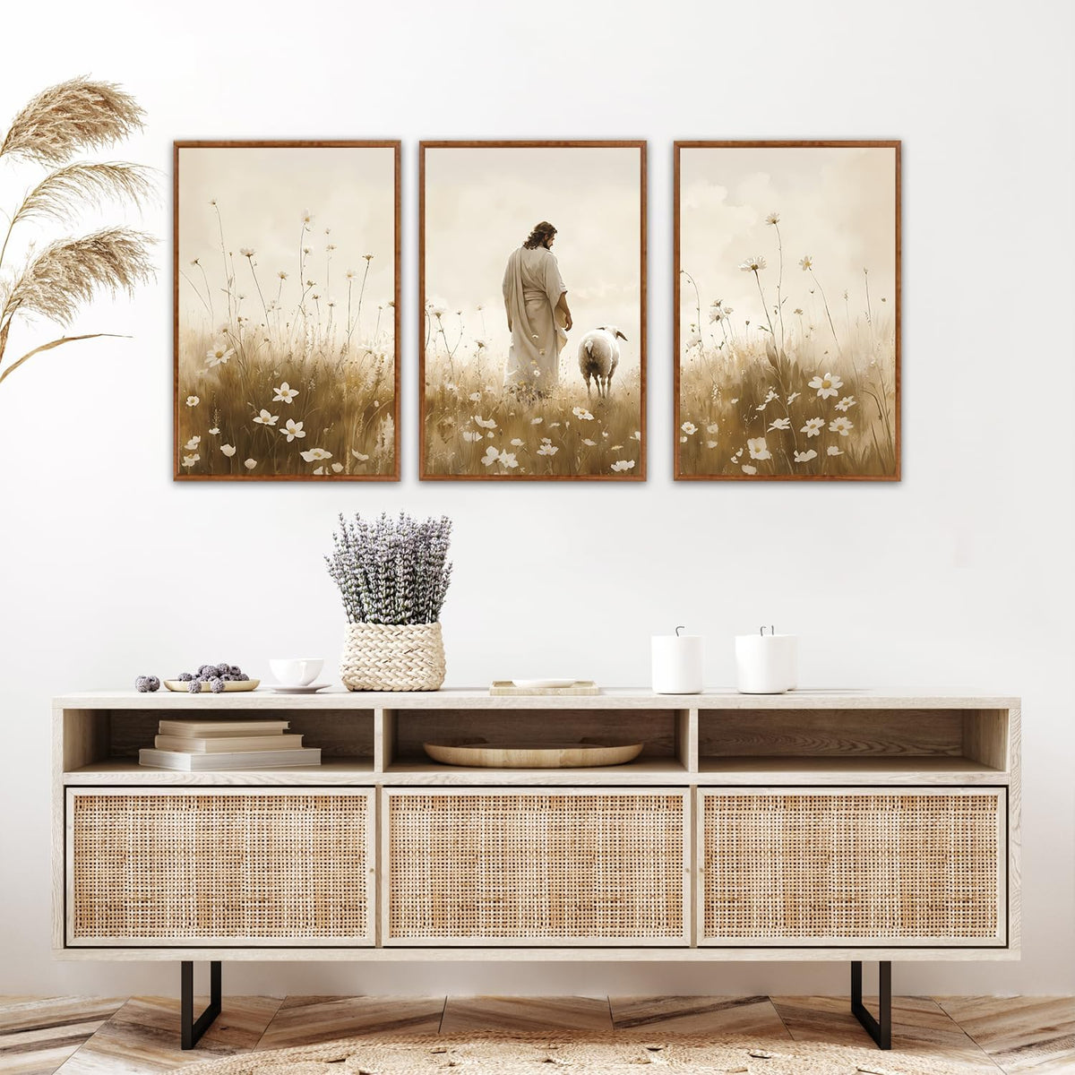 KAIRNE Jesus Framed Canvas Wall Art,Lost Sheep Wall Decor Set of 3(16”X24”),Holy Christian Art Print,Religious Scripture Pictures,Bible Renaissance Wall Painting for Living Room,Bedroom,Church Decor