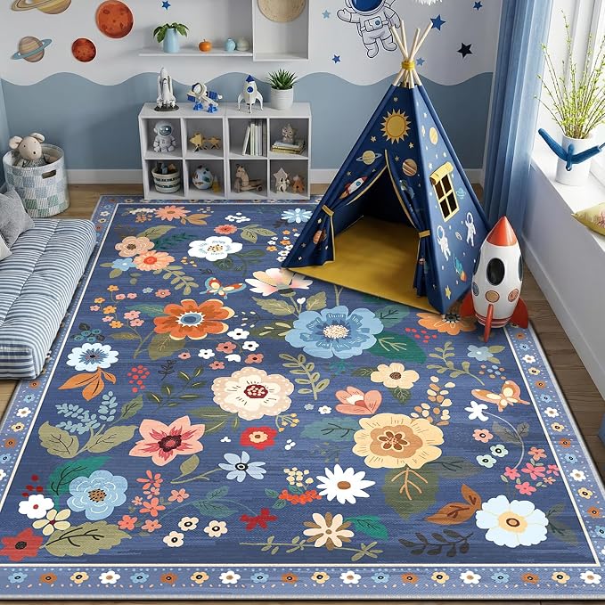 RELEANY Floral Washable 7x9 Area Rugs Blue/Grey | Flower Carpet Print Boho Cute - Image 6