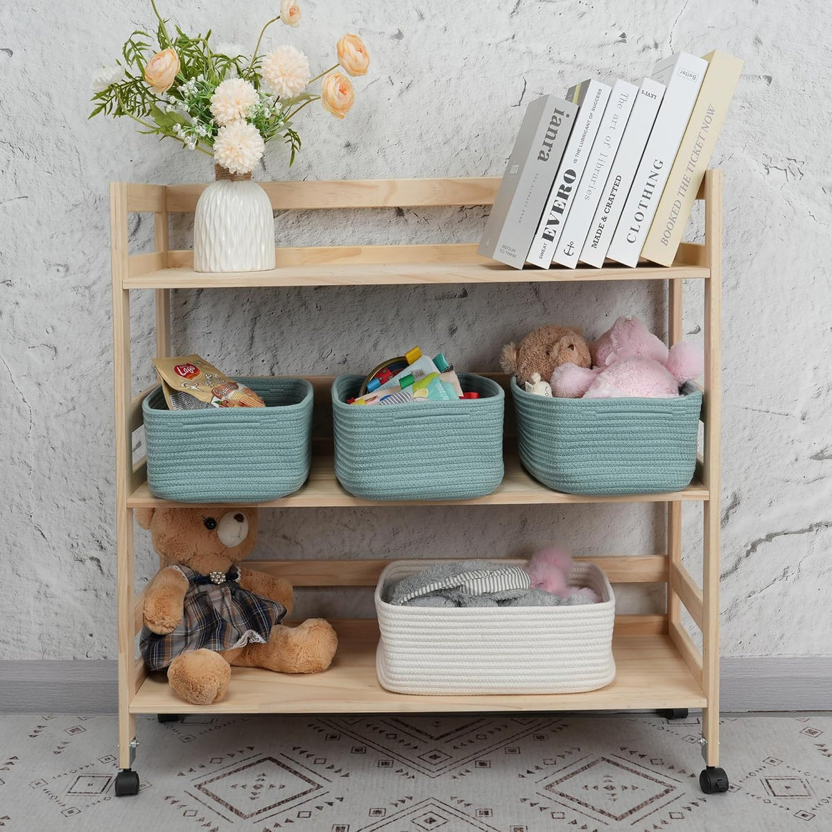 Small Woven Storage Baskets 13“X9”X5“ Decorative Rope Bins for Organizing Shelves, Closets, and Toys, Empty Gift Baskets, Cute Organizer Basket for Home and Office (green, Large)