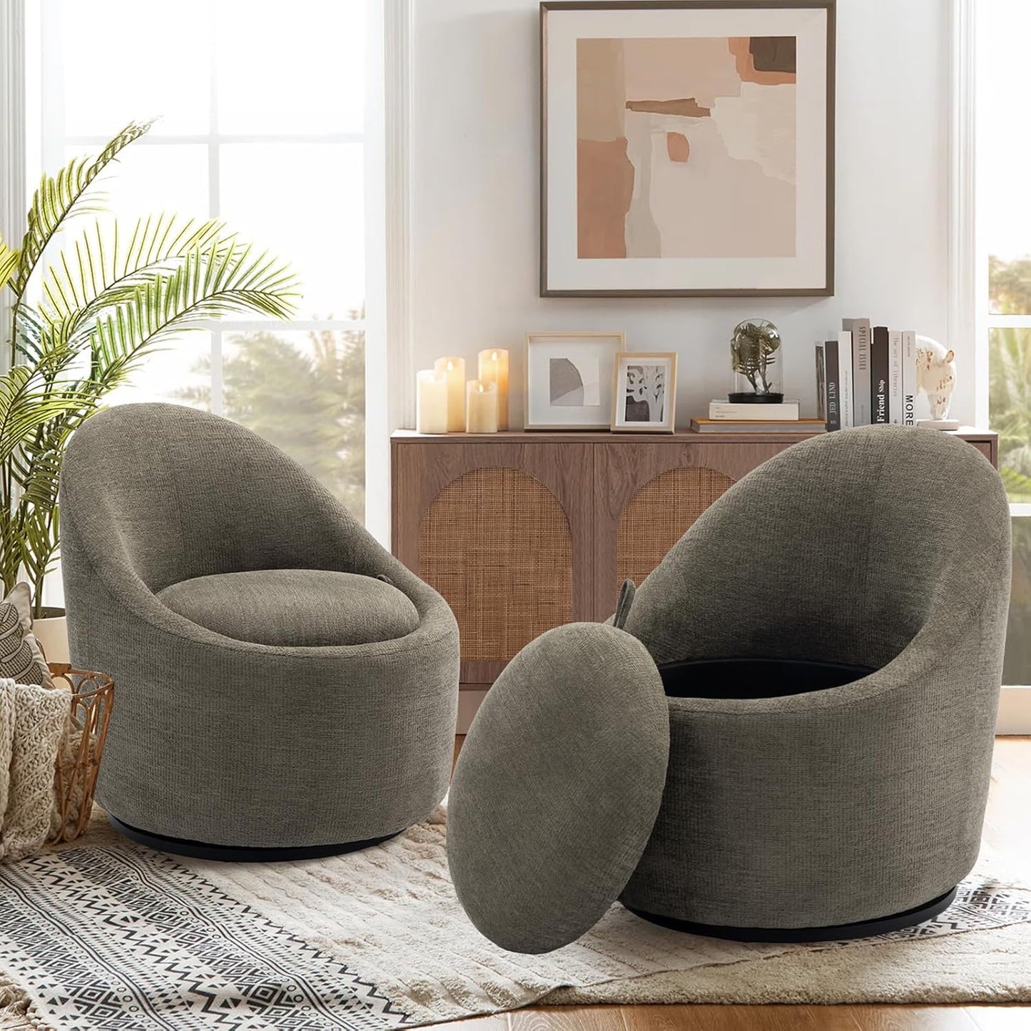 COLAMY Swivel Accent Chair Set of 2, 360° Swivel Round Chair with Hidden Storage, Modern Small Barrel Armchair for Living Room/Bedroom, Green