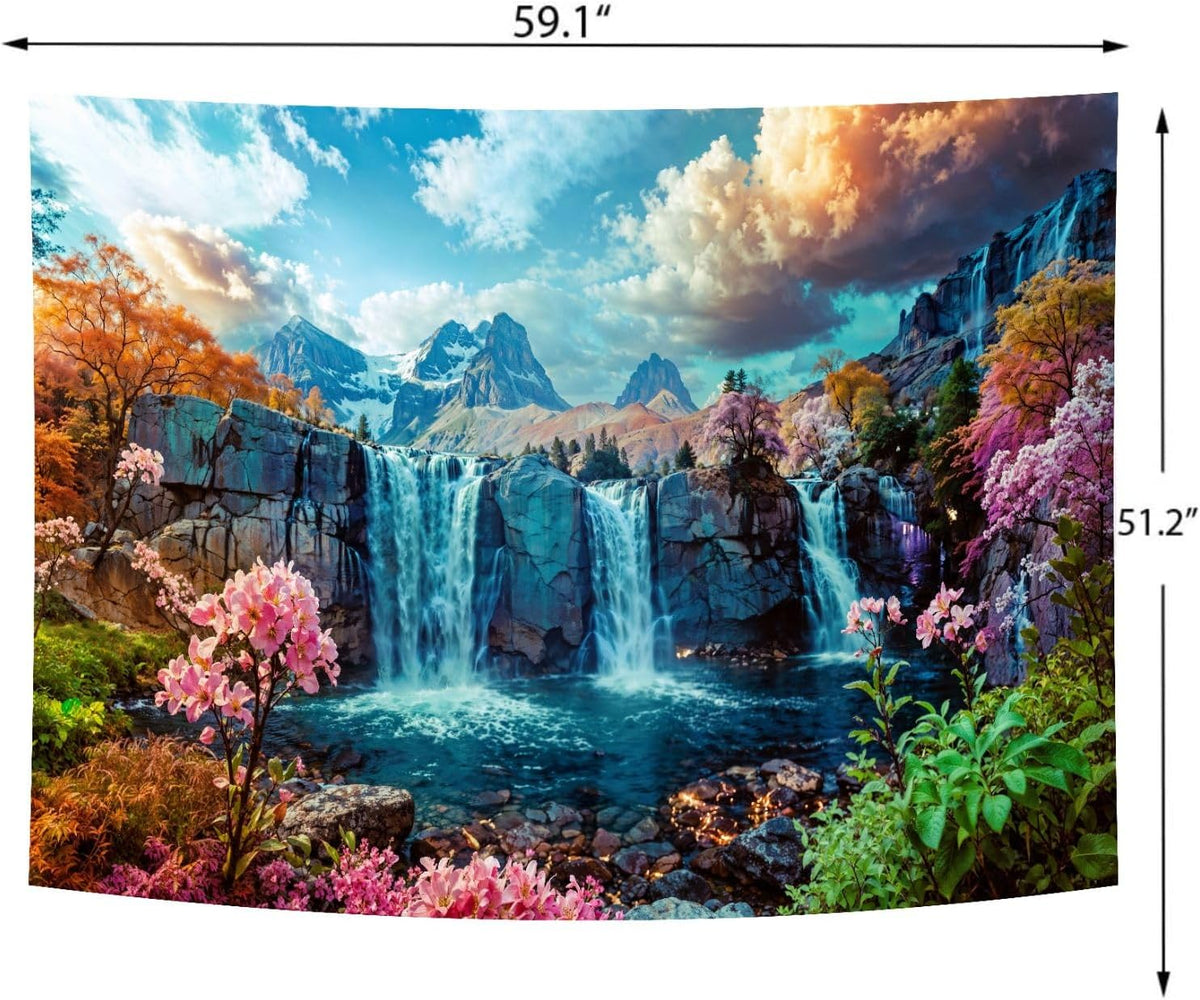 Delur Waterfall Tapestry Tropical Forest Mountain Sunset Tree Wall Hanging Tapestry Scenic Rainforest Landscape Nature Sunrise Headboard for Bedroom Living Room Home Decor (51.2" x 59.1")