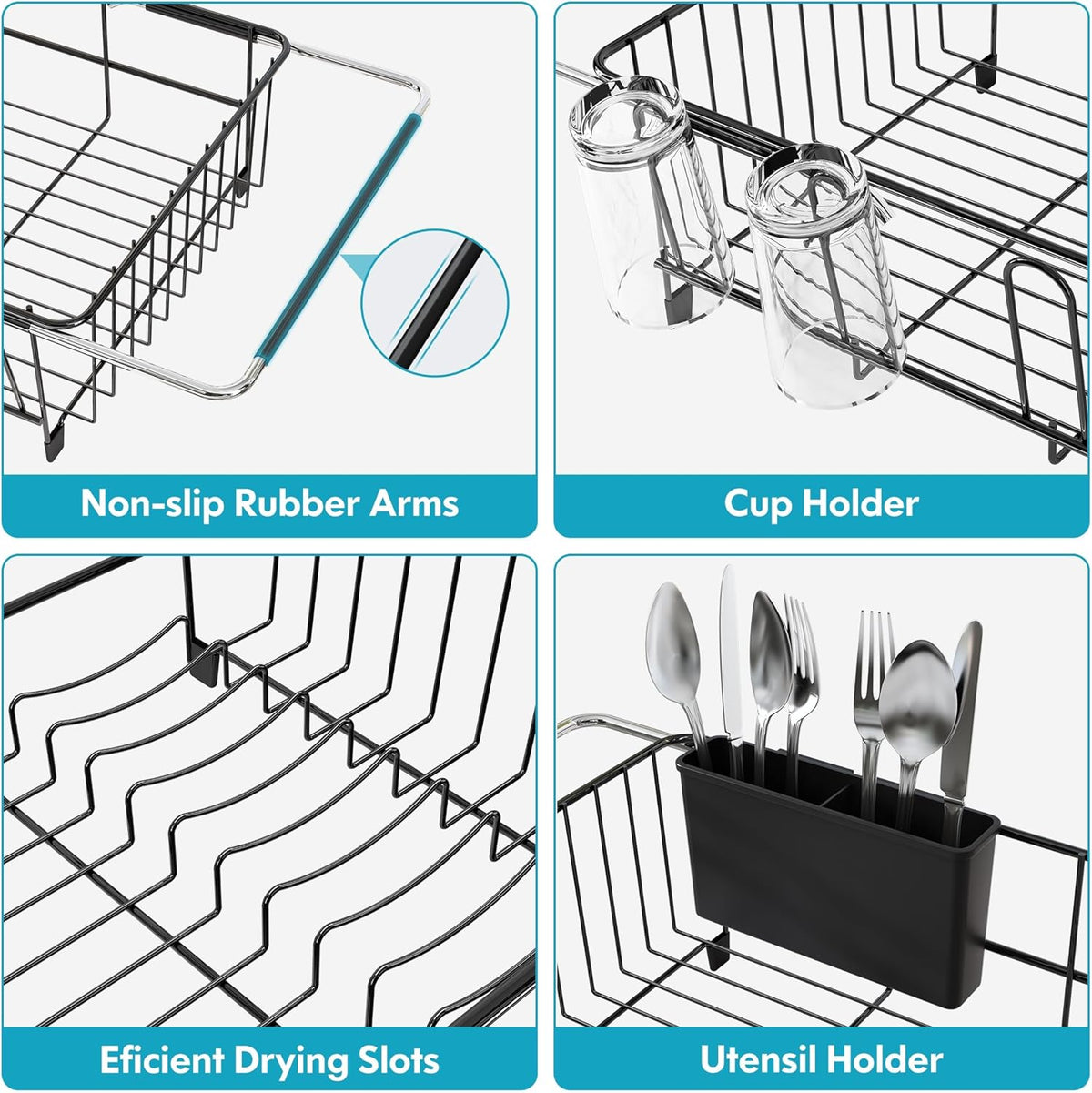 MAJALiS Dish Drying Rack in Sink - Small Dish Drainers for Kitchen Sink, Over The Sink Dish Racks with Utensil Holder, Stainless Steel Dish Rack in Sink, Black