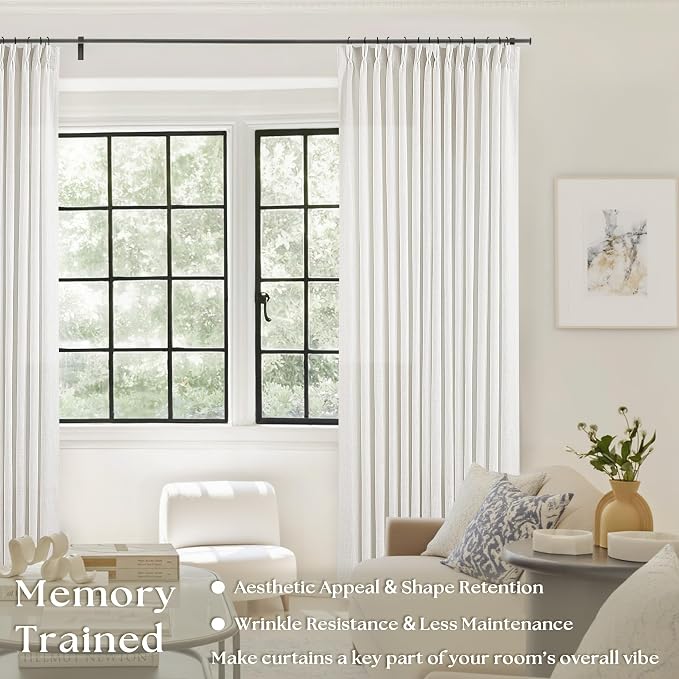 Beige White Pinch Pleated Linen Curtains 2 Panels 108 Inches Long | 400GSM - Image 2