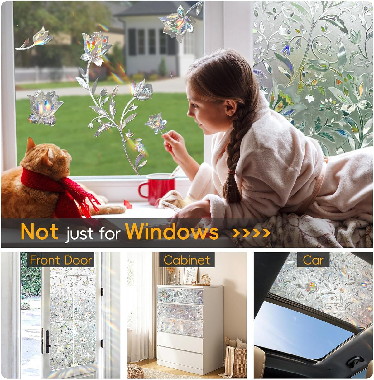 Rainbow Window Privacy Film Decorative, Stained Glass Window Tint for Home, 3D Decals Window Clings for Glass Windows, Static Cling Window Sticker, Suncatcher Window Cover,45.2" by 78.74"