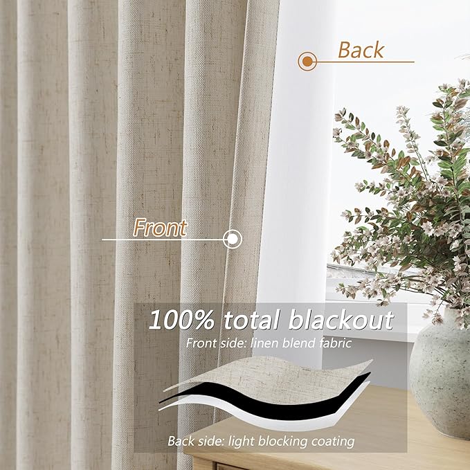 100% Blackout Linen Curtains for Bedroom 90 inches Long, Thermal Insulated Room - Image 4