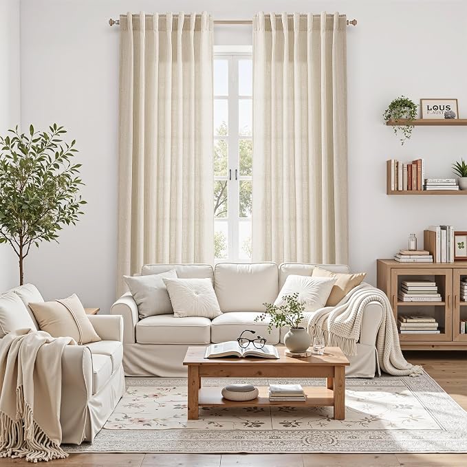 Cream Beige Linen Curtains for Living Room 105 Inches Long Light Filtering Semi - Image 6