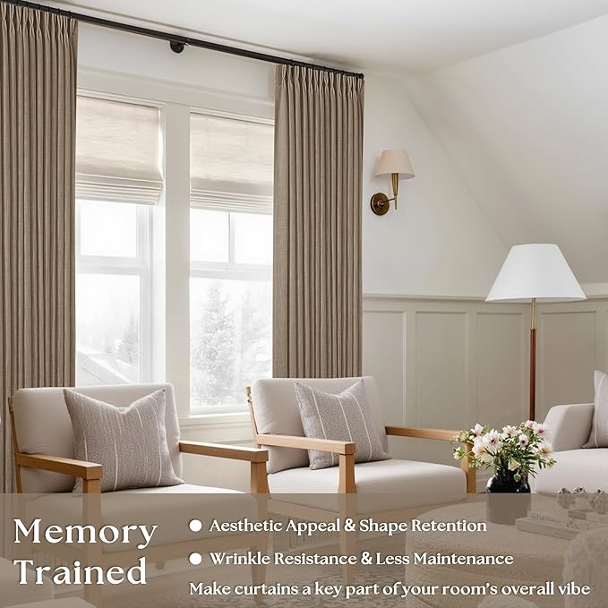 Farmhouse 80 Inch Brown Tan Pinch Pleated Linen Semi Sheer Curtains 2 Panel | - Image 2