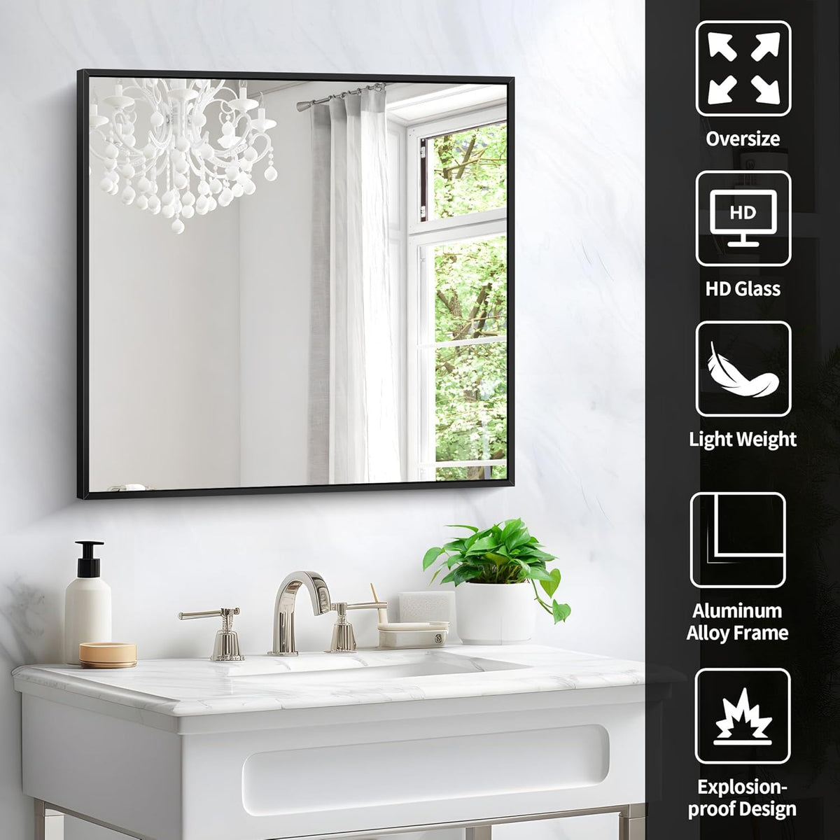 Black Bathroom Mirror for Wall, 30x30 Inch Rectangle Mirrors with Metal Frame, Modern Vanity Wall Square Mirror for Bathroom Living Room, Entryway Hangs Horizontal or Vertical