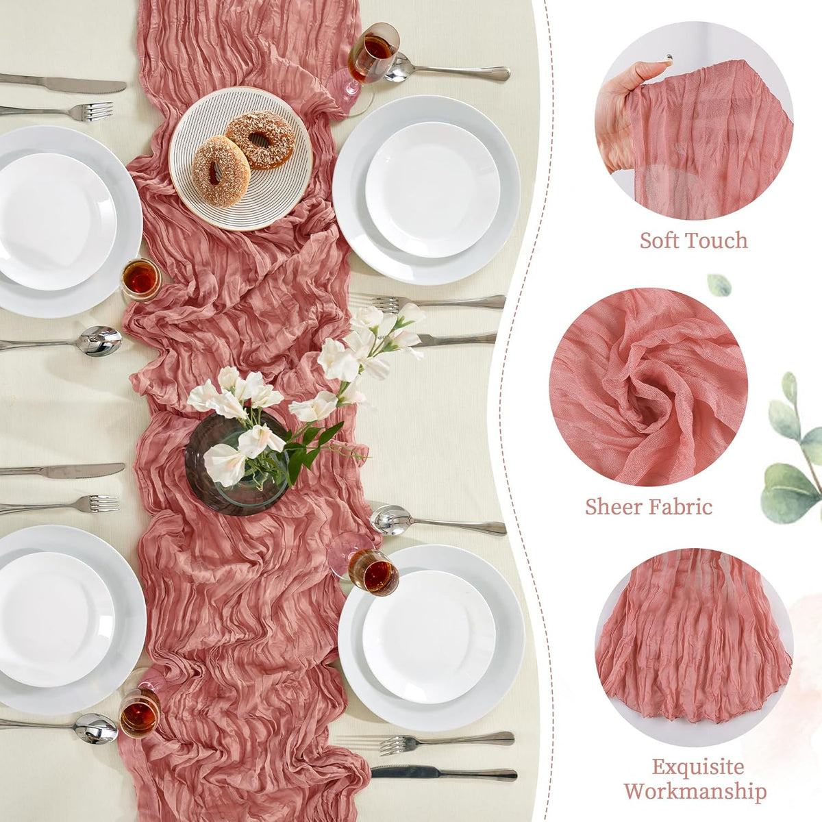 Cheesecloth Table Runner 10FT Long Boho Gauze Table Runner Rustic Sheer Runner for Wedding Bridal Baby Shower Birthday Party Table Decor Thanksgiving Christmas Decorations (12pcs, Rose)