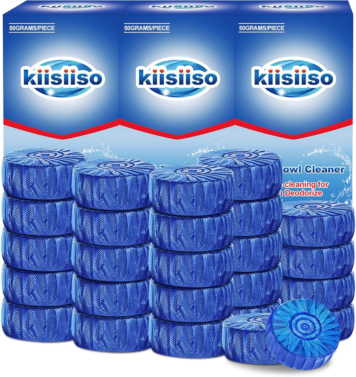 KIISIISO Automatic Toilet Bowl Cleaner Tablets，Bathroom Toilet Tank Cleaner，Blue Clean Bubbles,Strong Detergent Ability,Long-lasting 300 brushes,Mild Fresh Pine Scent(30 Pack)