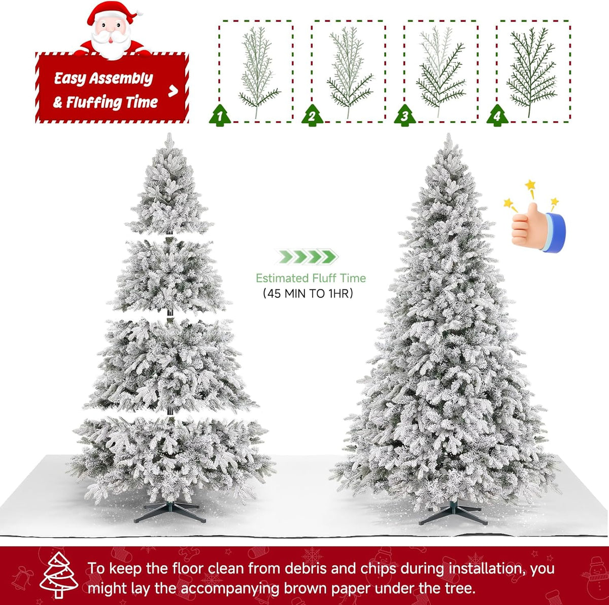 9ft 360° Rotating Pre-Lit Snow Flocked Christmas Tree, Built-in Music, Remote Control, 8 Light-Modes, White Christmas Tree for Home Decor