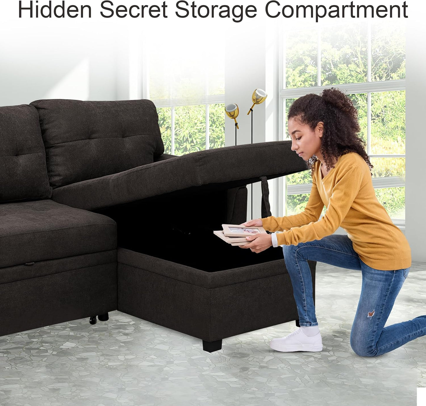 Naomi Home Transform Any Space: Sleeper Sectional Sofa with Convertible Sofa Bed & Inviting Chaise. Find Tranquil Comfort with Stress-Relieving Design & Durable Cushions - Espresso/Velvet