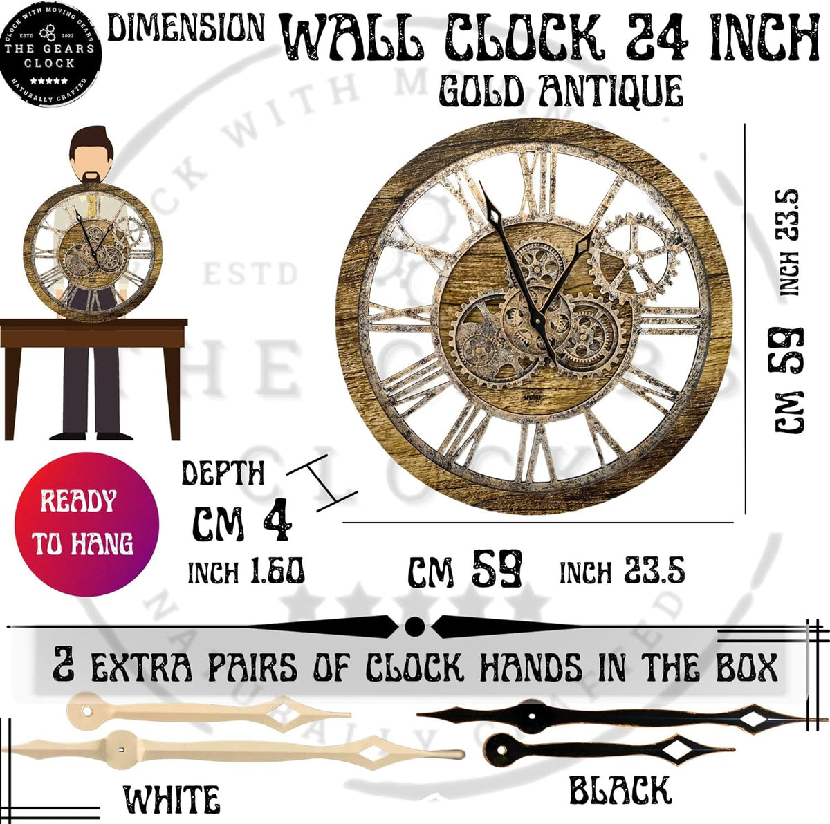 The Gears Clock The Original Real Moving Gear Wall Clock Vintage Industrial Oversized Rustic Farmhouse (24 inch (60cm),Gold Antique)