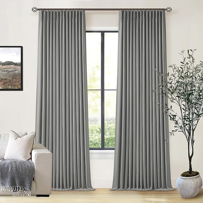 Dark Grey Pinch Pleated Linen Blackout Curtains 90 Inches Long by Twodrapes