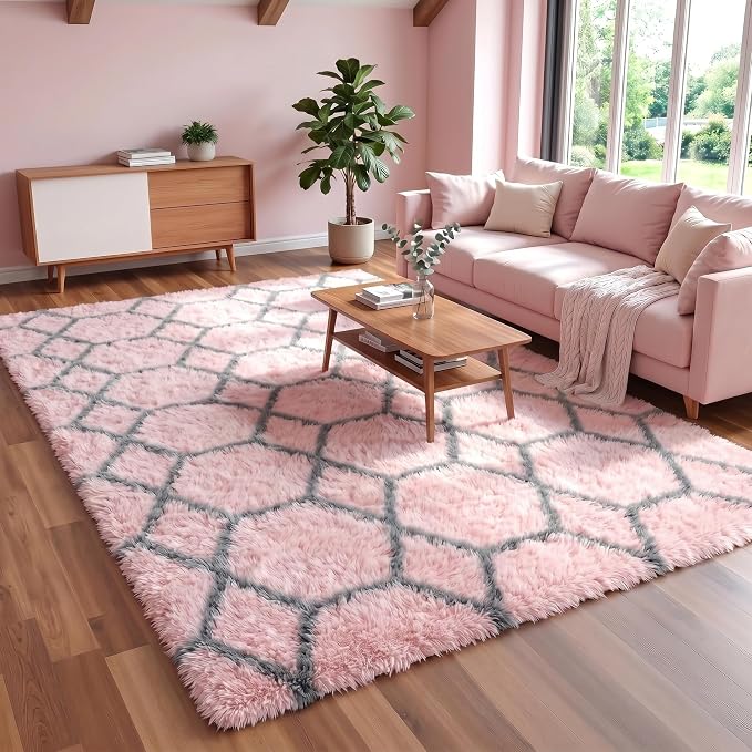 5x7 Area Rugs for Living Room Bedroom, Fluffy Pink and Grey Geometric Rug | - Image 5