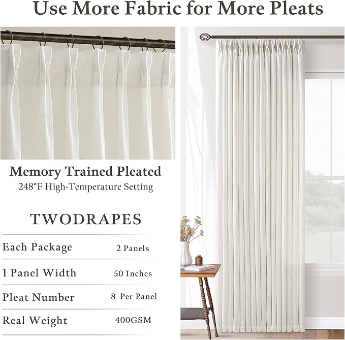 Light Filtering Cream Pinch Pleated 98 Inch Thick Linen Curtains 50Wx98L | Semi - Image 5