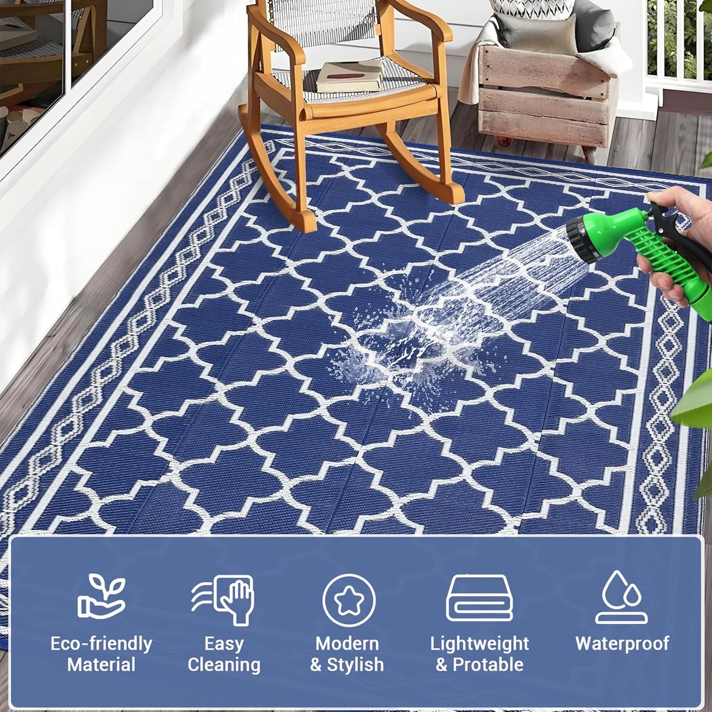 GAOMON Outdoor Plastic Straw Rug, 10'x20' Reversible Sage Green Patio Mat, Flower Modern Design for RV, Backyard, Deck, Camping, Picnic, Navy/White(Geometric)