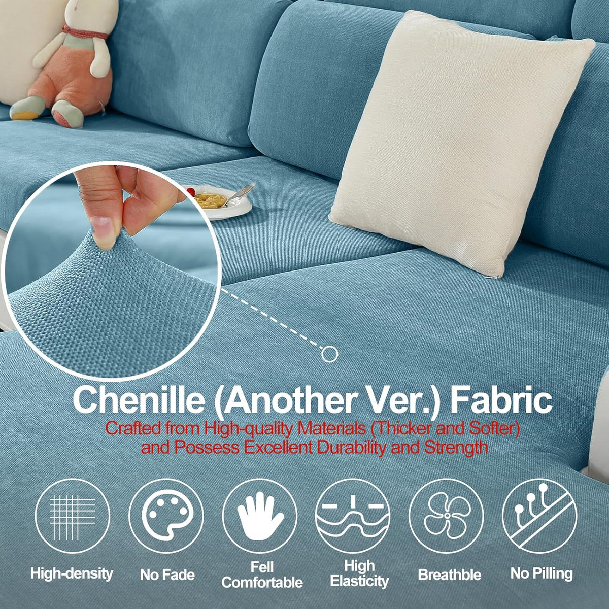 Couch Cushion Covers Individual Large Super Stretch Chenille (Softer Version) Sofa Cushion Covers, Armrest Cover Couch Slipcovers Furniture Protector (2PC, Blue)